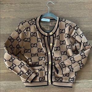 Tan & Black GG Knit Cardigan with Gold Buttons